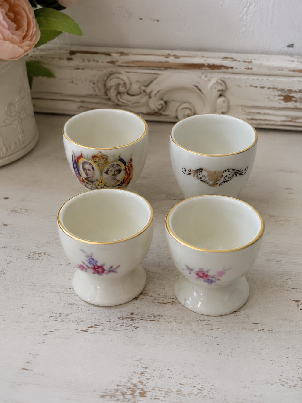 Vintage Porcelain Egg Cups Lot of 4 Bavaria Germany Floral Royal Gold Trim Set